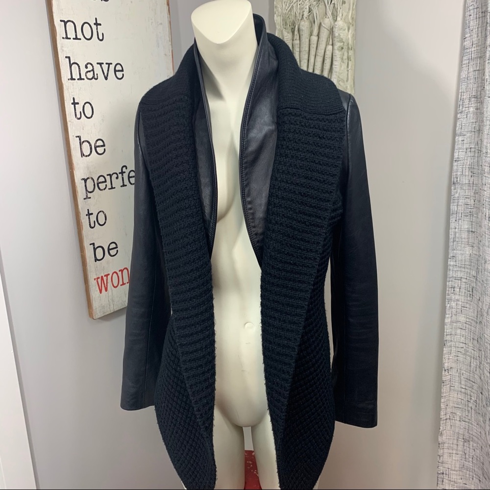 Women’s Black Leather & Knit Open-Front Jacket